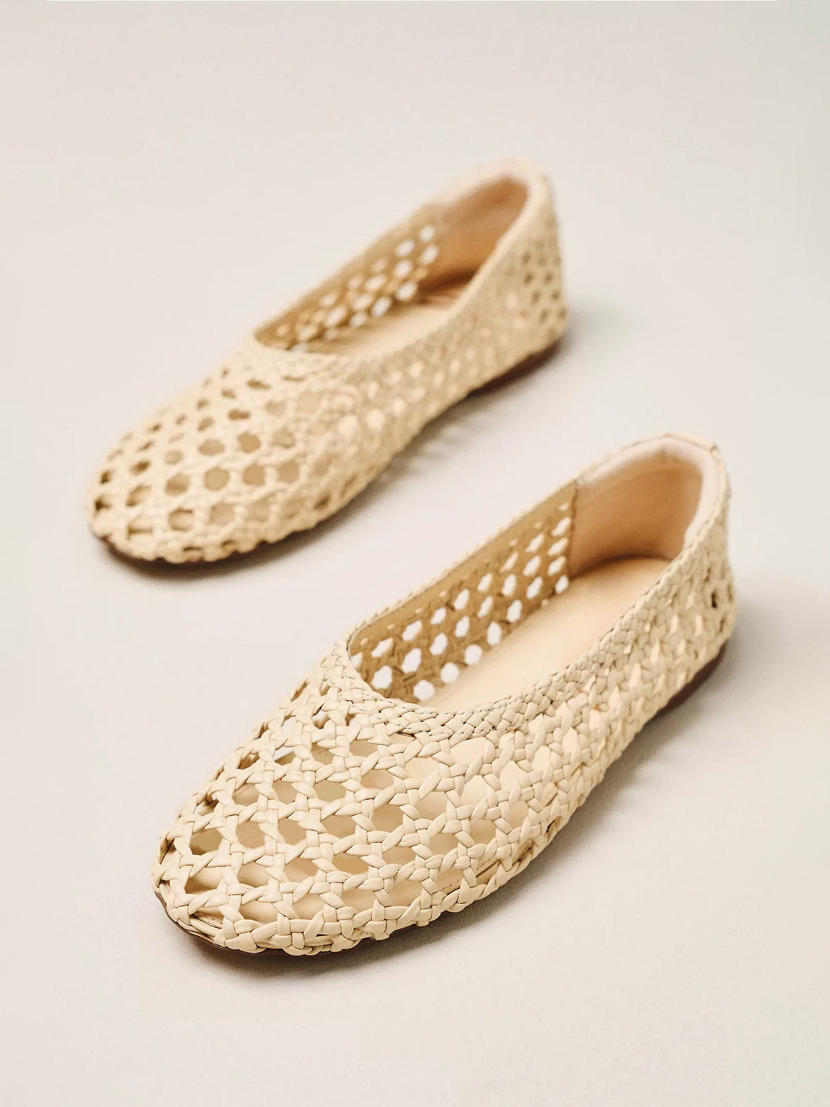 Beige Woven Vegan Leather Round-Toe Slip-On Classic Ballet Flats