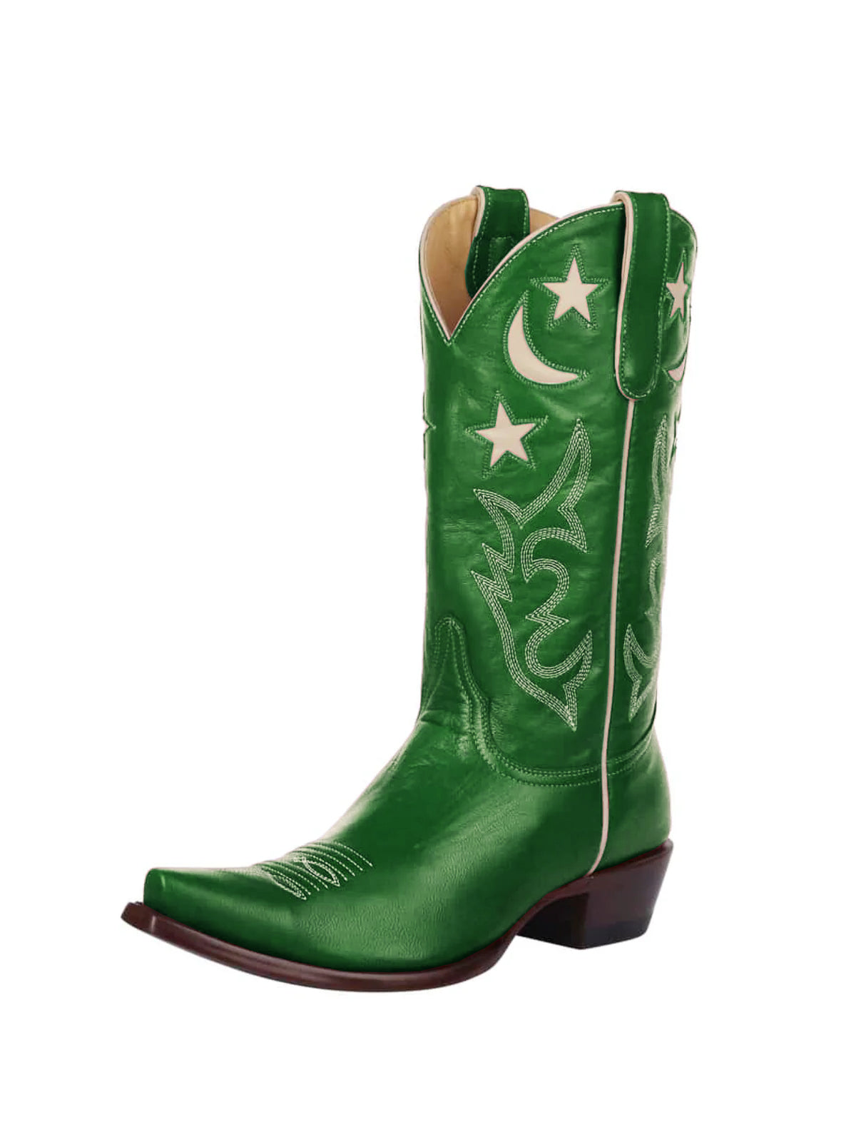 Green Snip-Toe Moon And Star Inlay Embroidery Mid Calf Cowgirl Boots