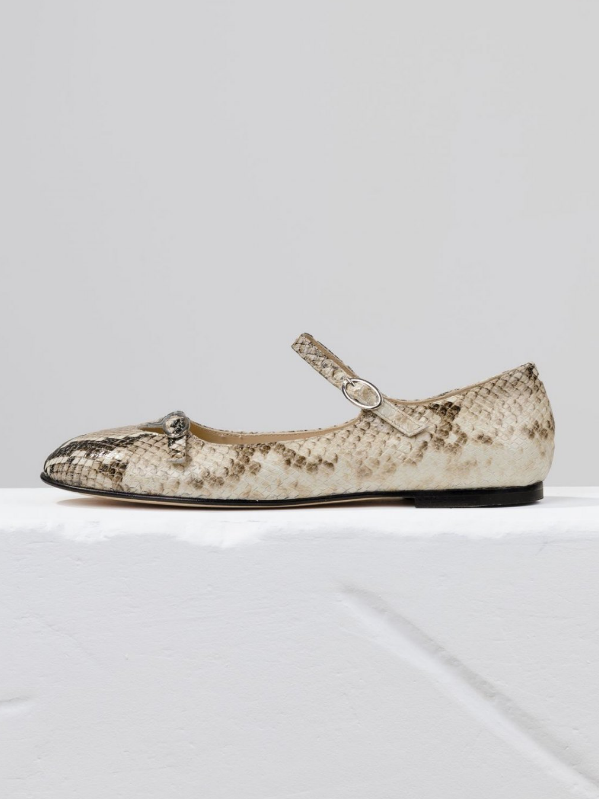 Tan Snakeskin Embossed Hollow-Out Buckled Strappy Ballet Flats