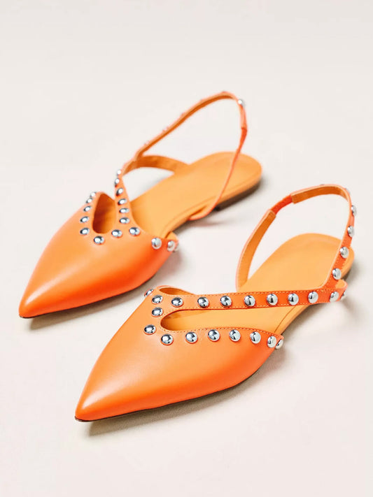 Orange Pointed-Toe Studded Cutout Slingback Flats