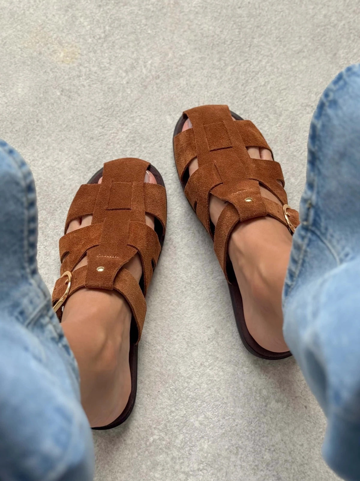 Brown Cow Suede Round-Toe Caged Detail Backless Flats