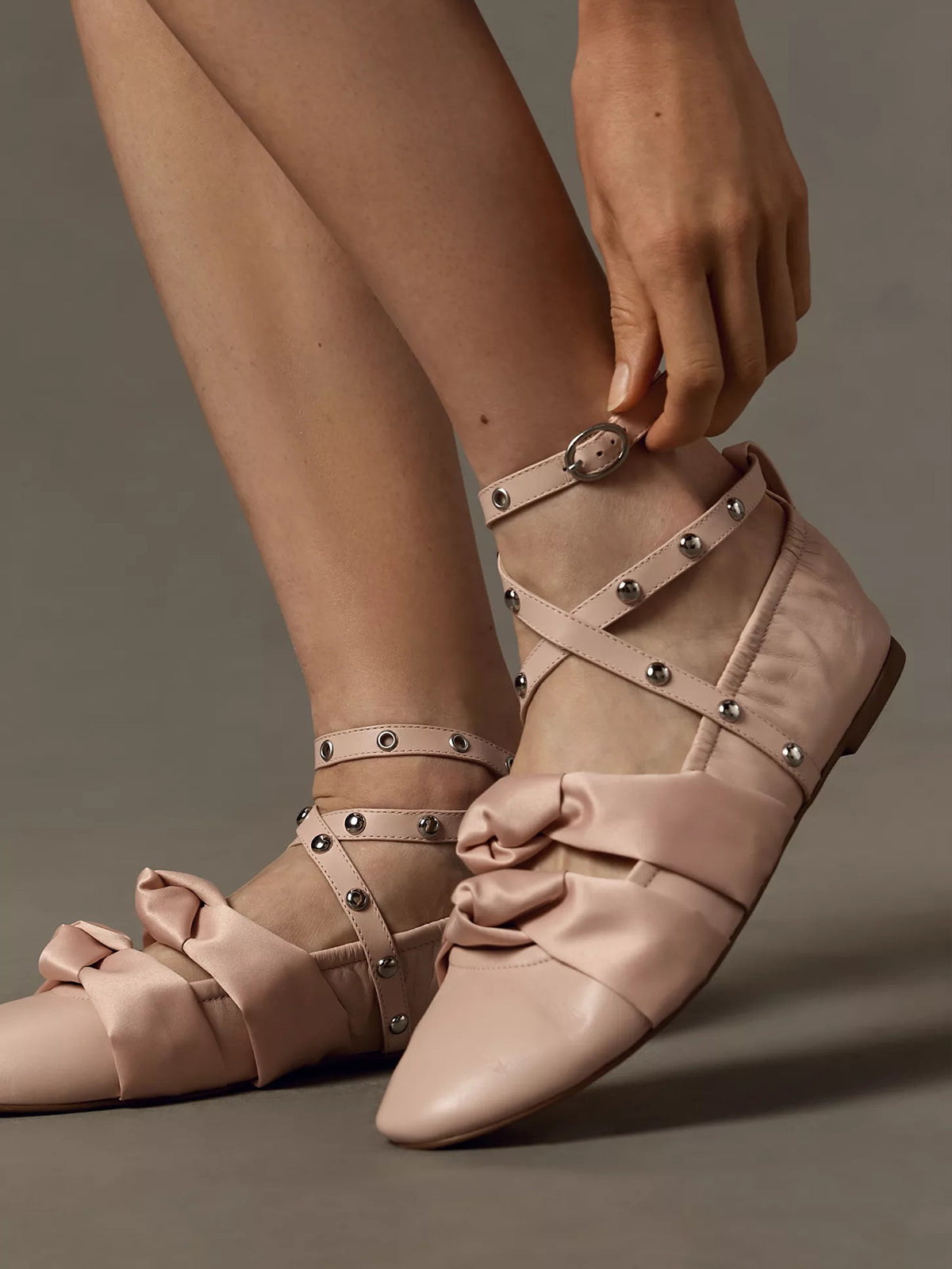 Pink Round-Toe Studded Ankle Straps Front Double Satin Straps Ballet Flats