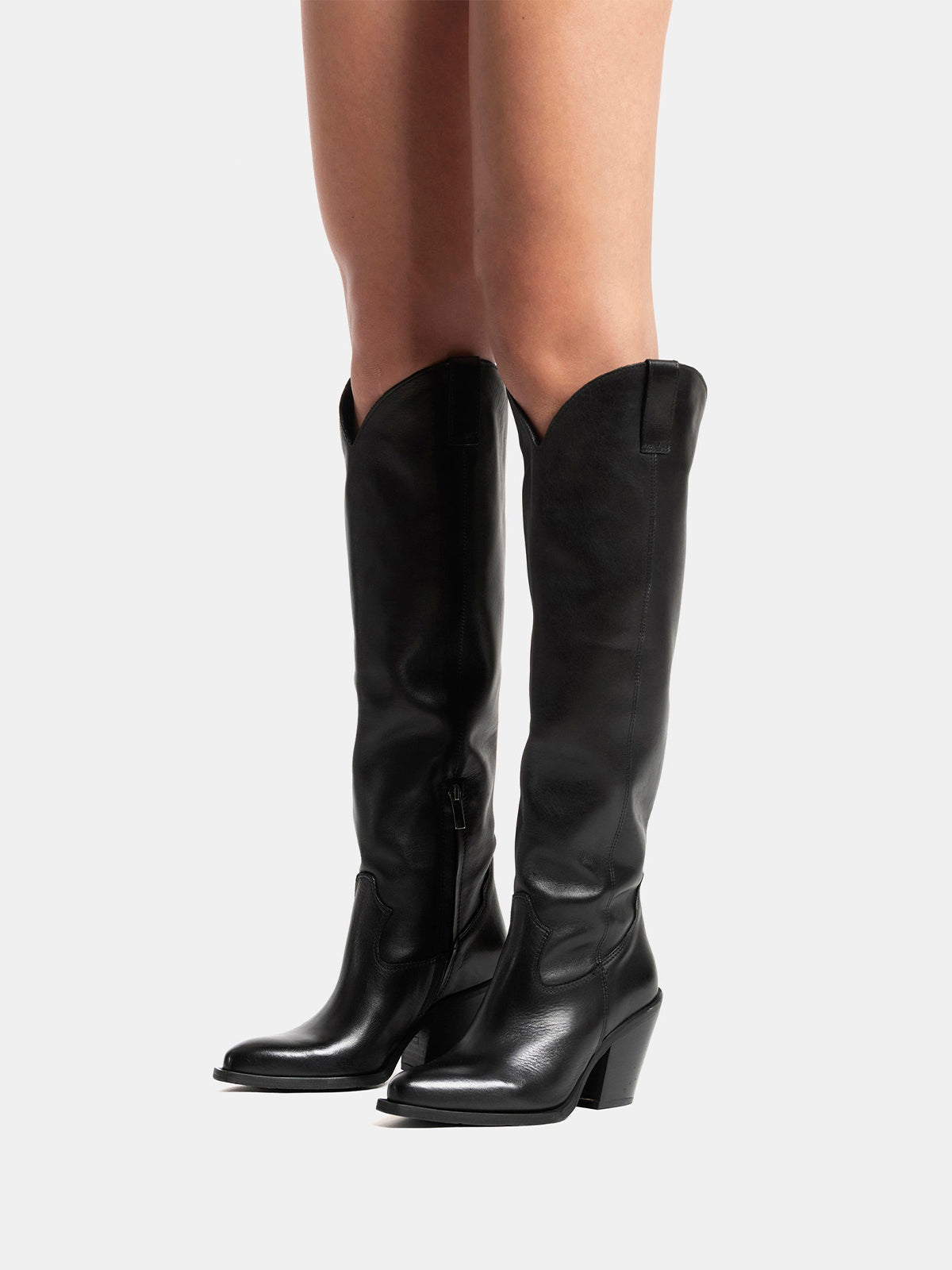 Black Classic Snip-Toe Simple Half-Zip Knee High Tall Cowgirl Boots
