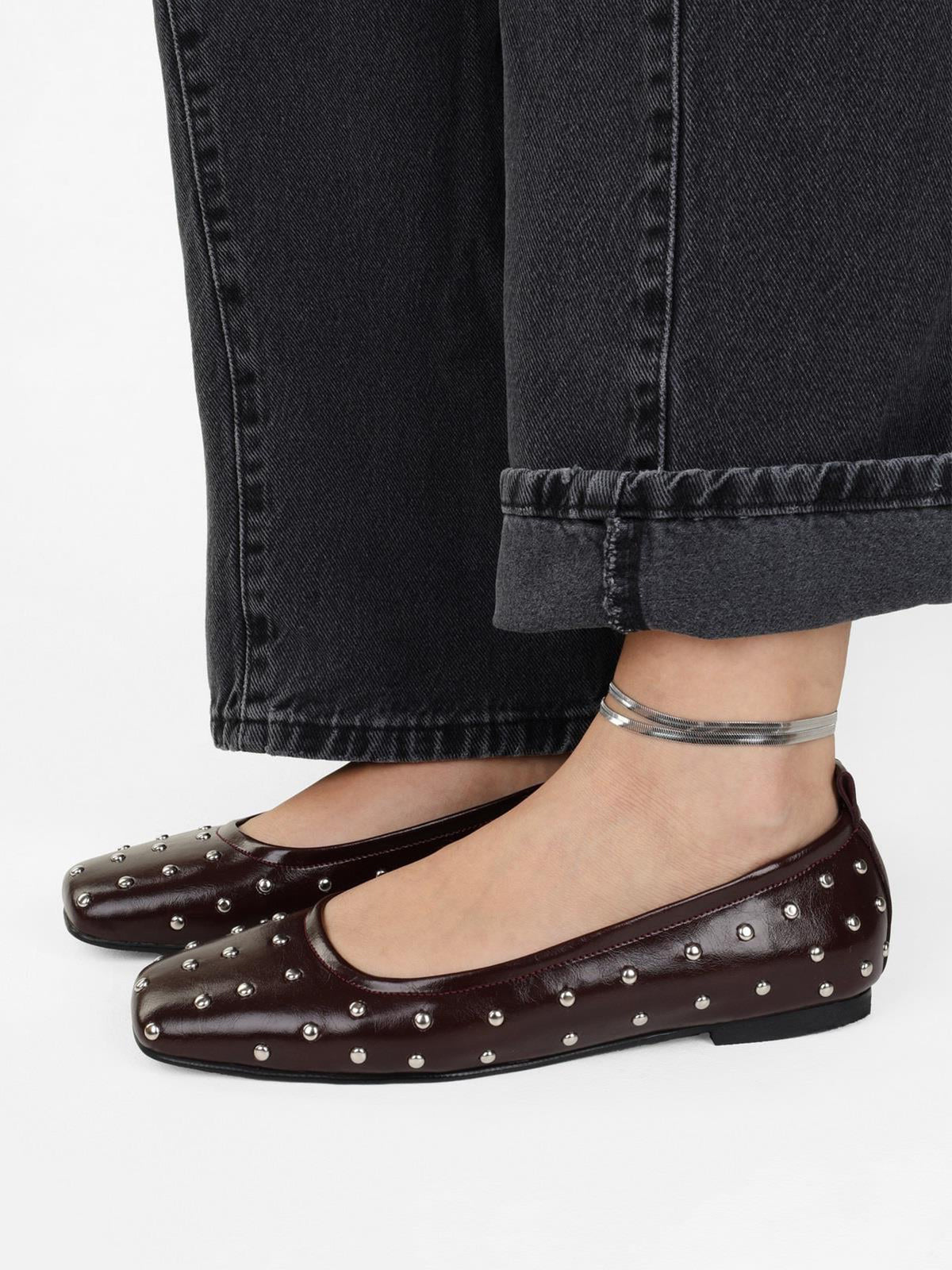 Burgundy Square-Toe Tiny Studs Slip-On Flats