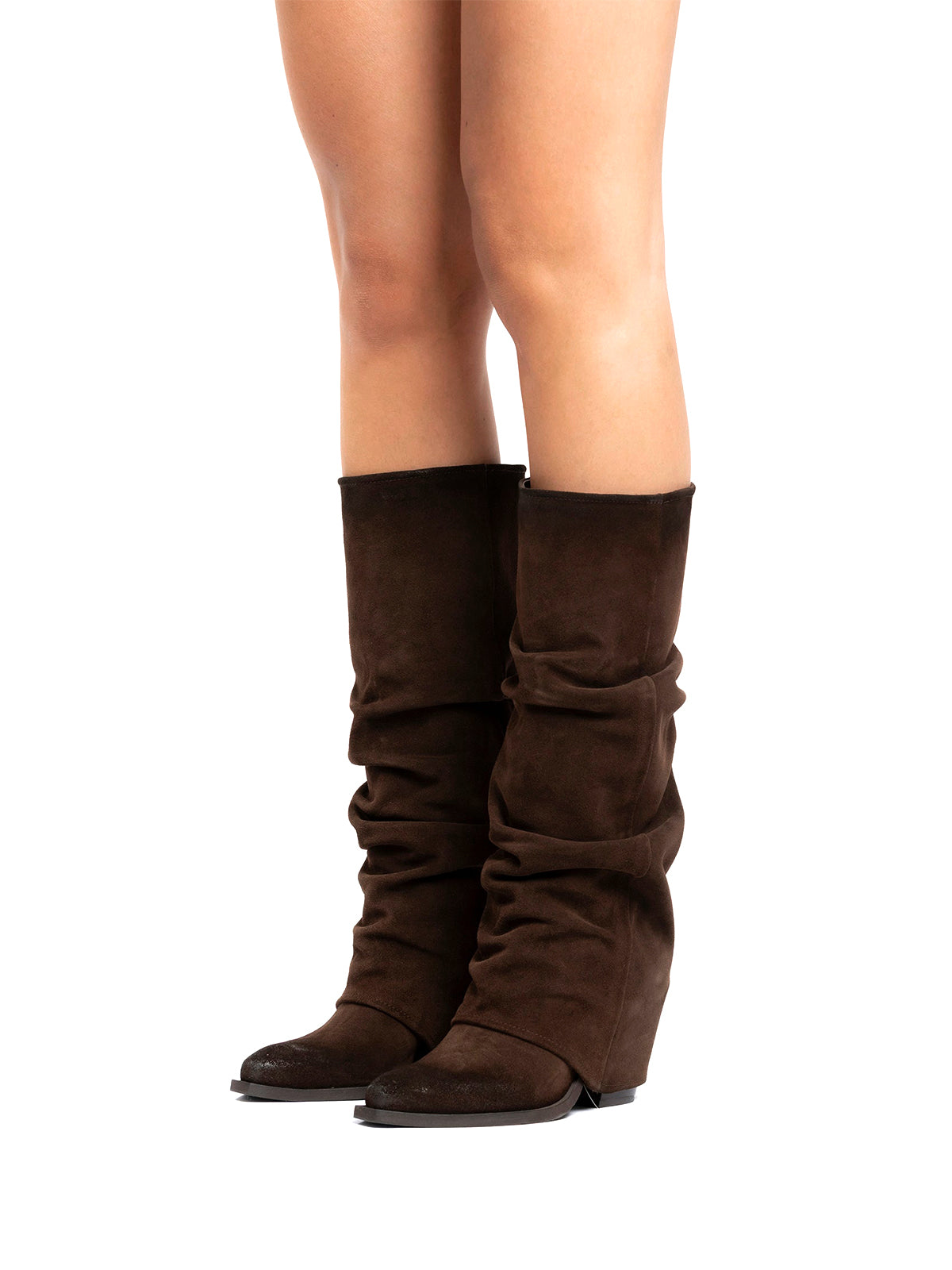 Brown Faux Suede Snip-Toe Fold-Over Wide Calf Tall Knee High Cowgirl Boots