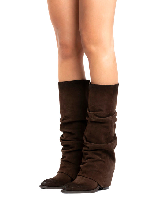 Brown Faux Suede Snip-Toe Fold-Over Wide Calf Tall Knee High Cowgirl Boots