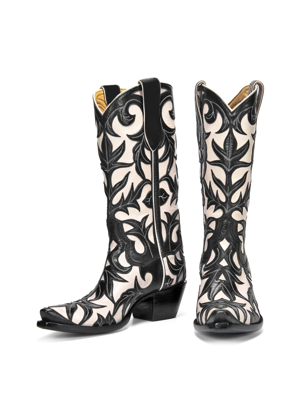 Contrast White And Black Snip-Toe Decorative Inlay Mid Calf Cowgirl Boots