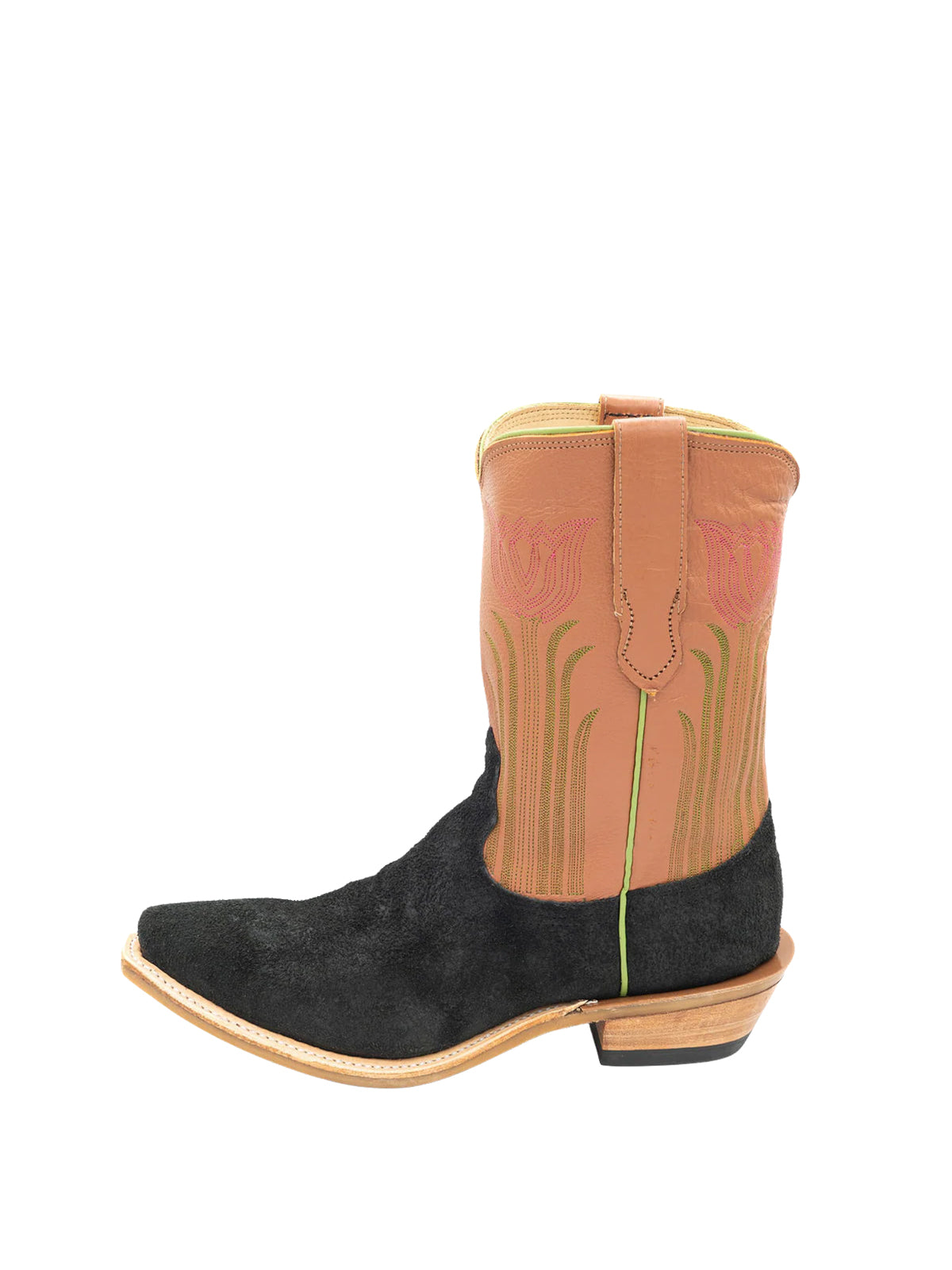 Contrast Black And Orange Snip-Toe Tulip Embroidery Ankle Cowgirl Boots