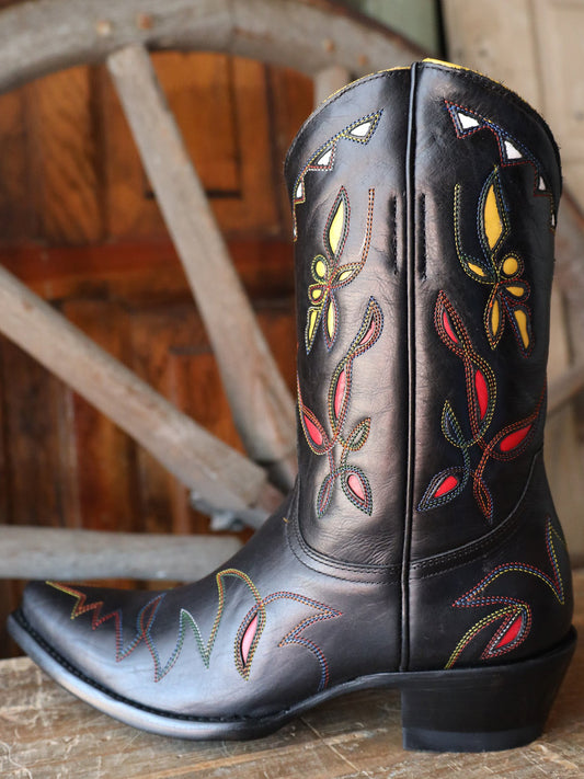 Black Snip-Toe Colorful Inlays Classic Mid Calf Cowgirl Boots