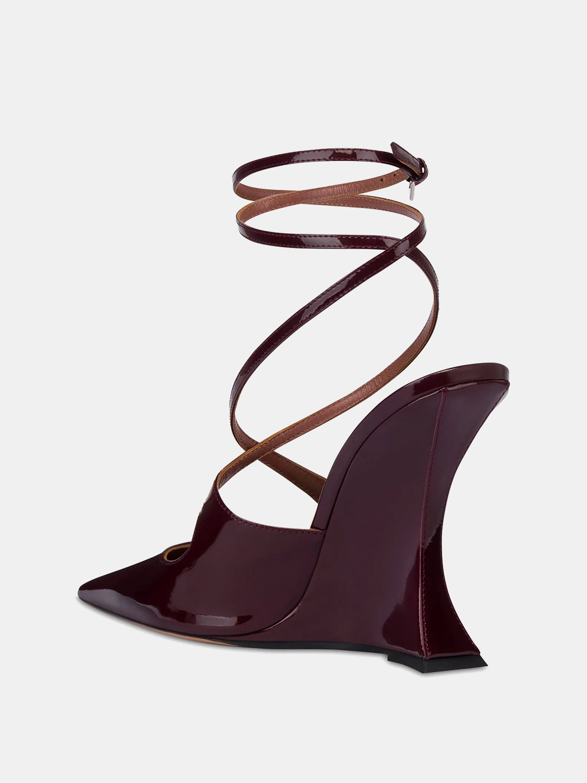 Patent Burgundy Pointed-Toe Ankle Strap Covered Wedge High Heels