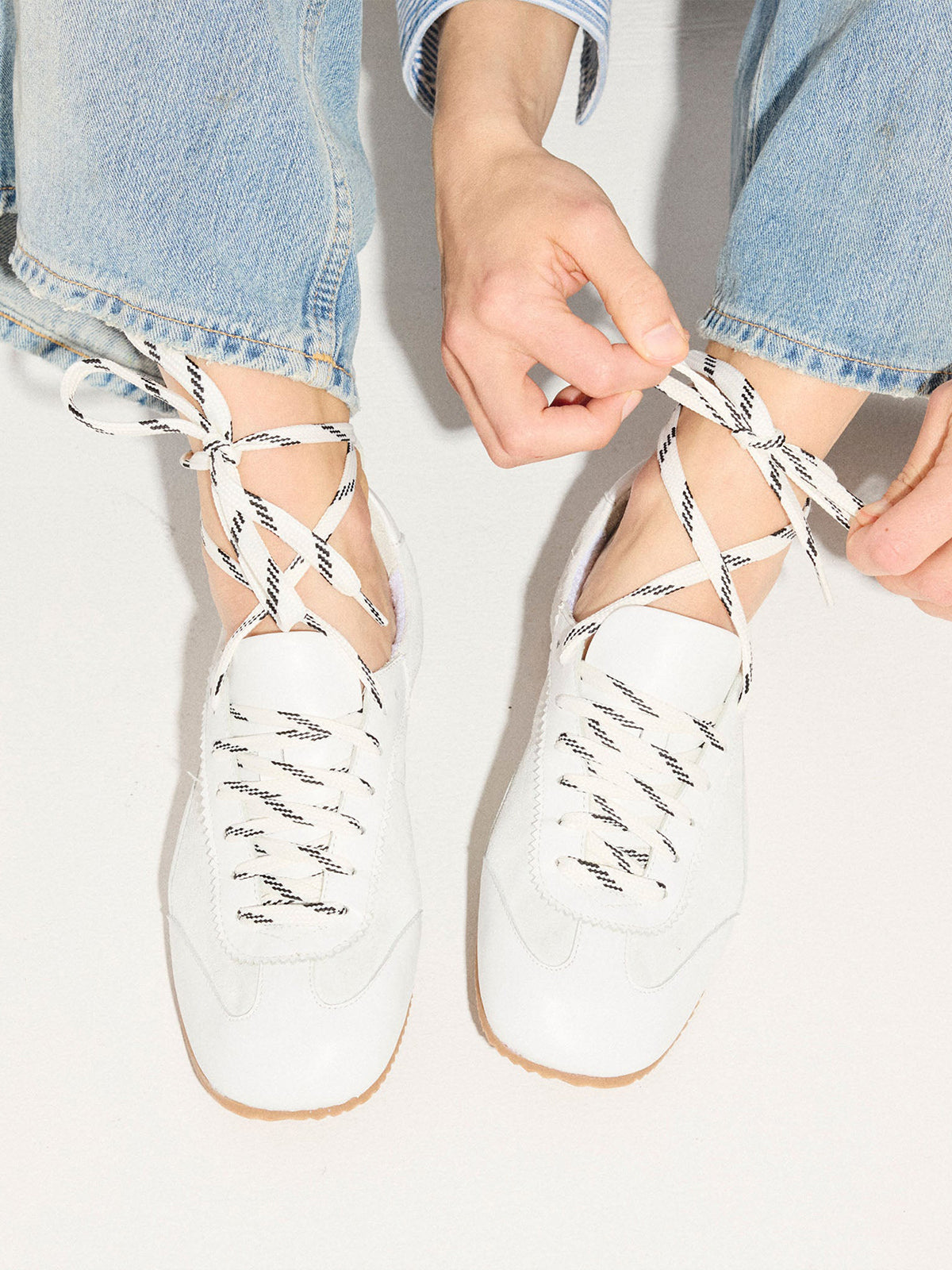 White Cow Suede Square-Toe Chic Lace-Up Ballet Sneakers