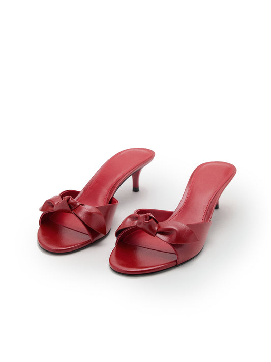 Red Round-Toe Simple Kitten Heels With Bow