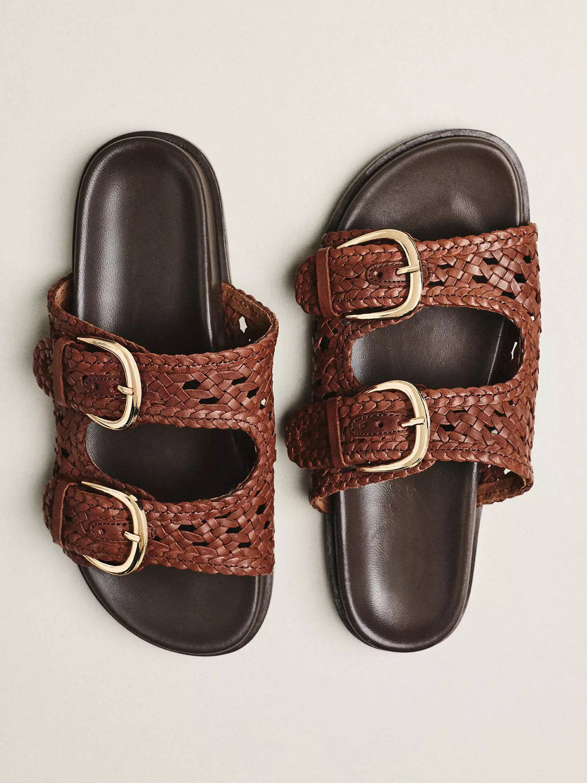 Brown Woven Vegan Leather Square-Toe Double Buckle Straps Slide Sandals Flats