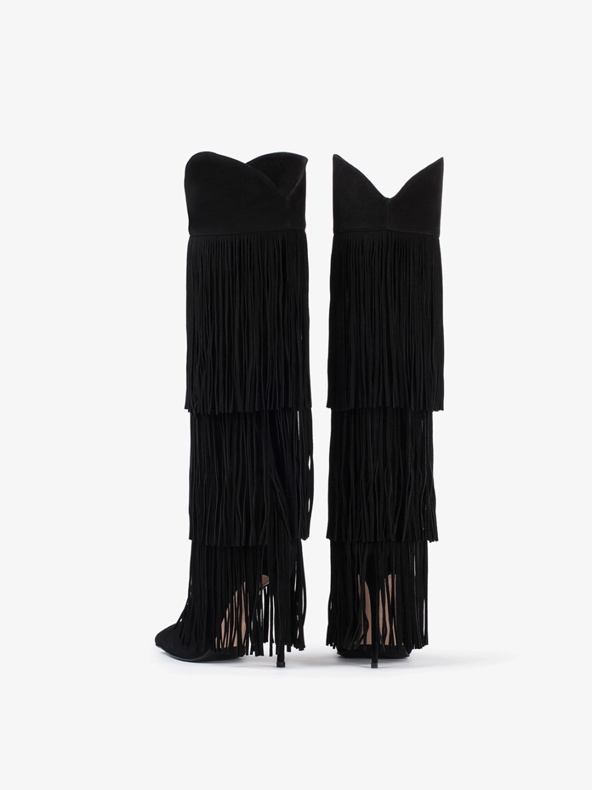 Black Faux Suede Pointed-Toe Fringe Tall Knee High Wide Calf Stiletto Boots