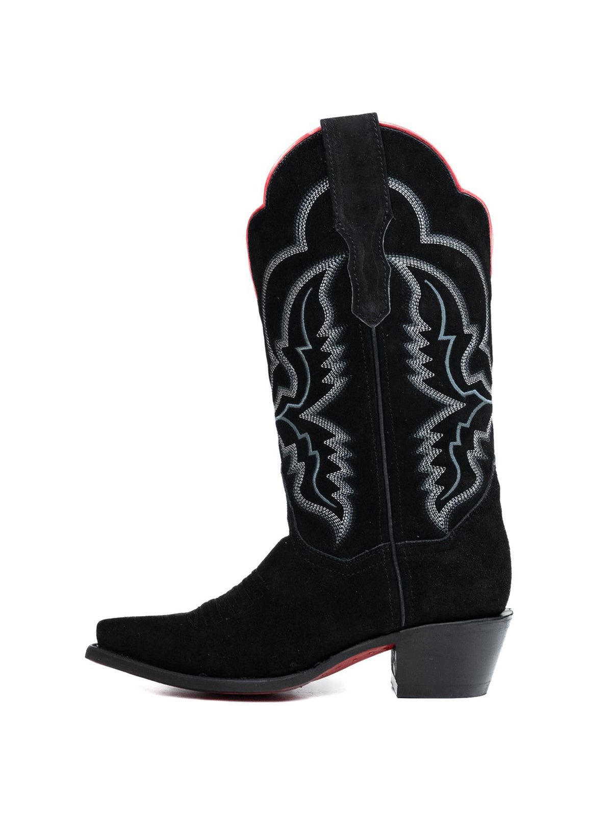 Western Snip-Toe Embroidery Mid Calf Cowgirl Boots - Black Faux Suede