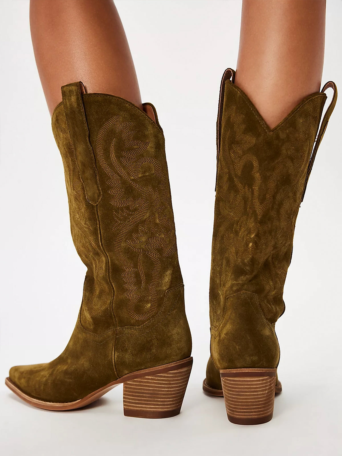 Faux Suede Snip-Toe Classic Embroidery Wide Calf Knee High Cowgirl Boots - Khaki