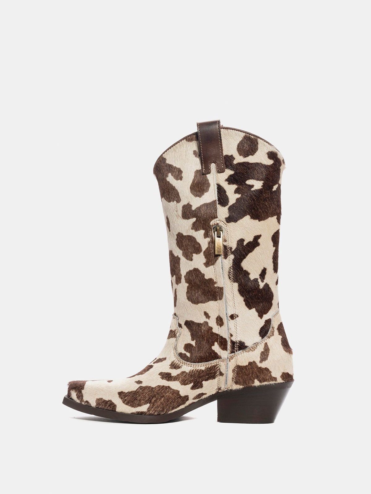 Brown Cow Print Pony Hair Snip-Toe Simple Half-Zip Mid Calf Cowgirl Boots