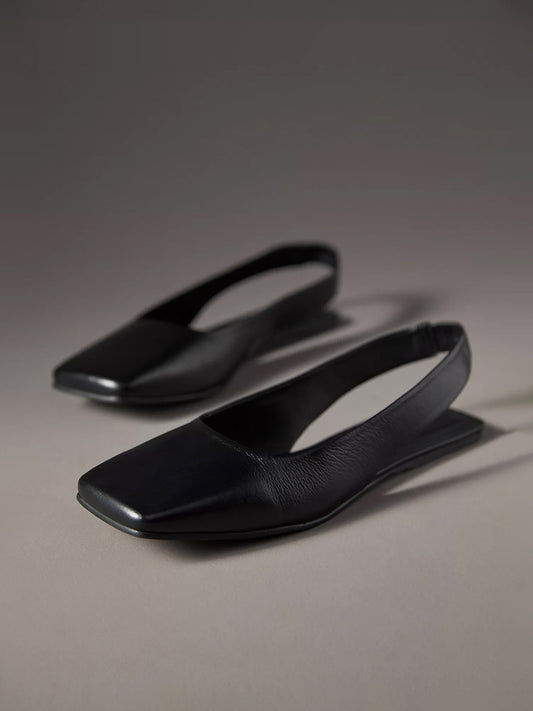 Black Square-Toe Slingback Simple Flats