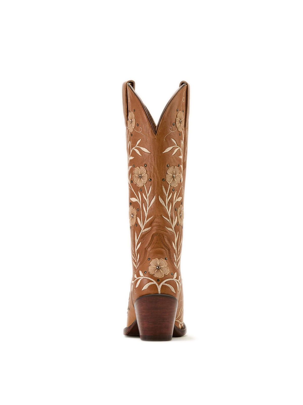 Tan Almond-Toe Flower Applique With Studs Mid Calf Embroidery Cowgirl Boots