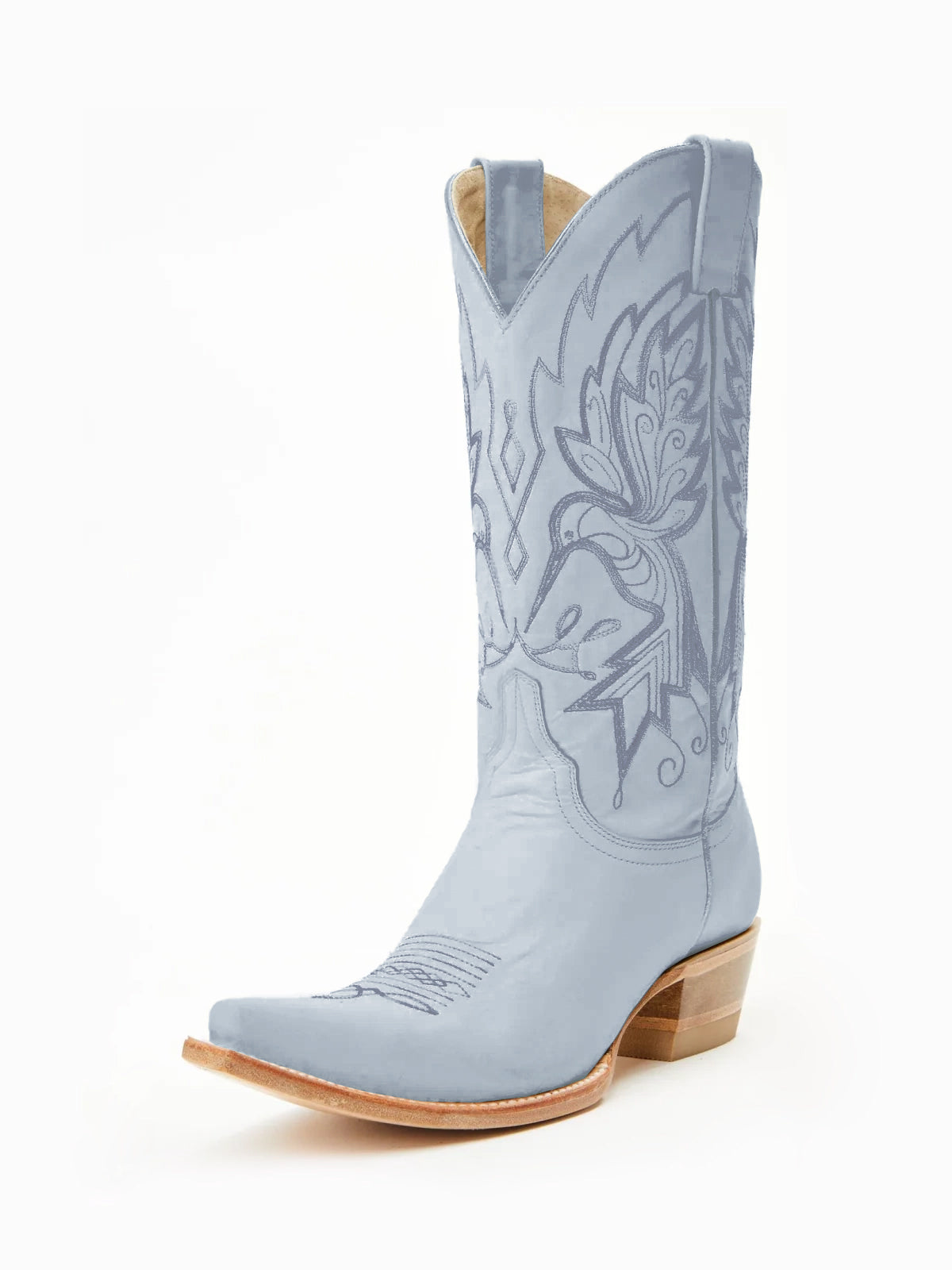 Сиви каубойски ботуши с къси пръсти и бродерия с ярки птици до средата на прасеца