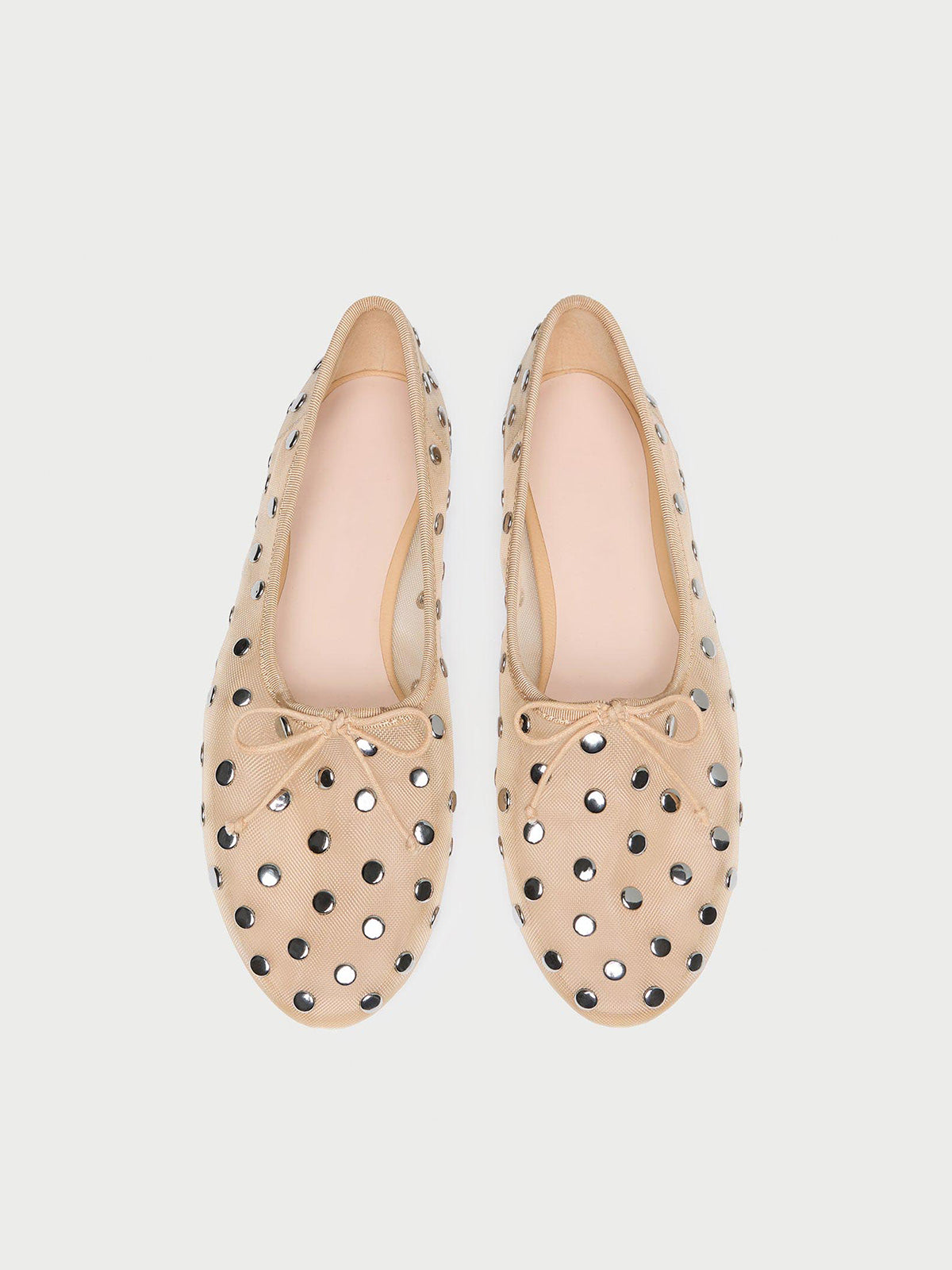 Caramel Mesh Round-Toe Front Bow Ballet Flats With Studs