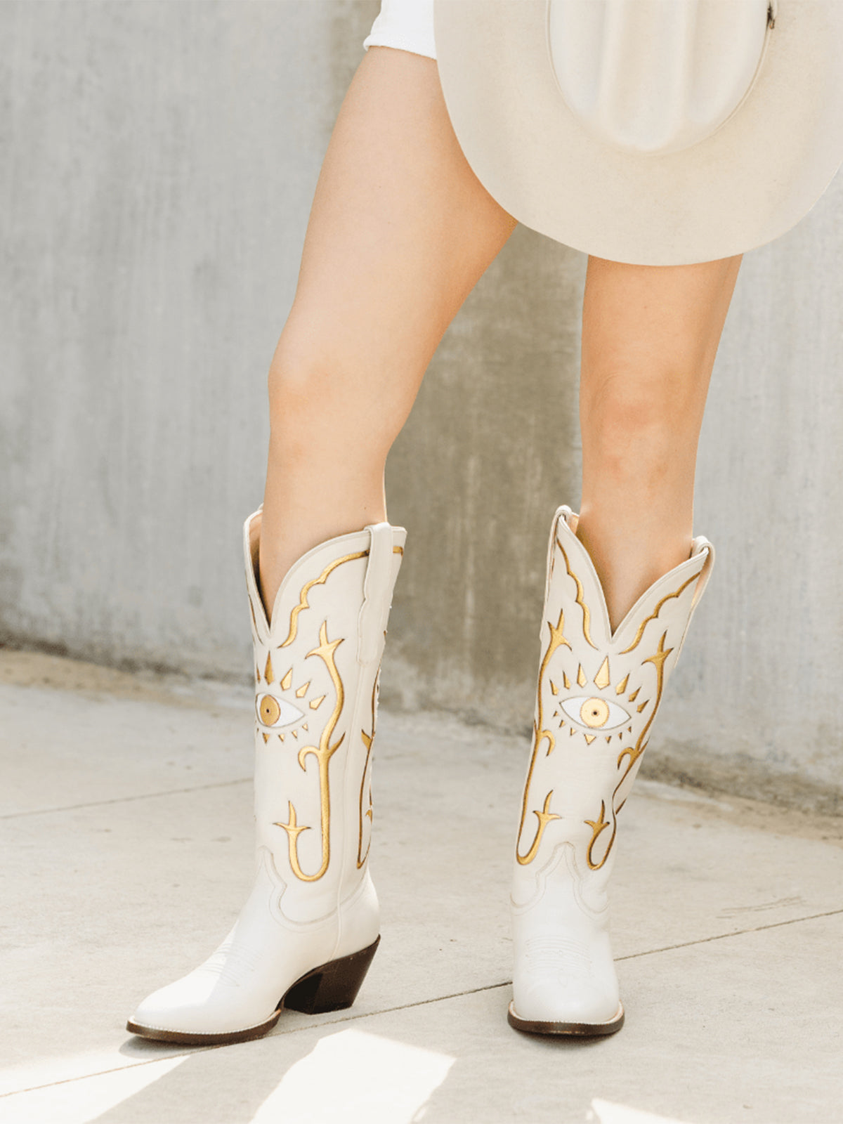Bone Almond-Toe Gold Evil Eye Inlay Wide Calf Knee High Western Cowgirl Boots