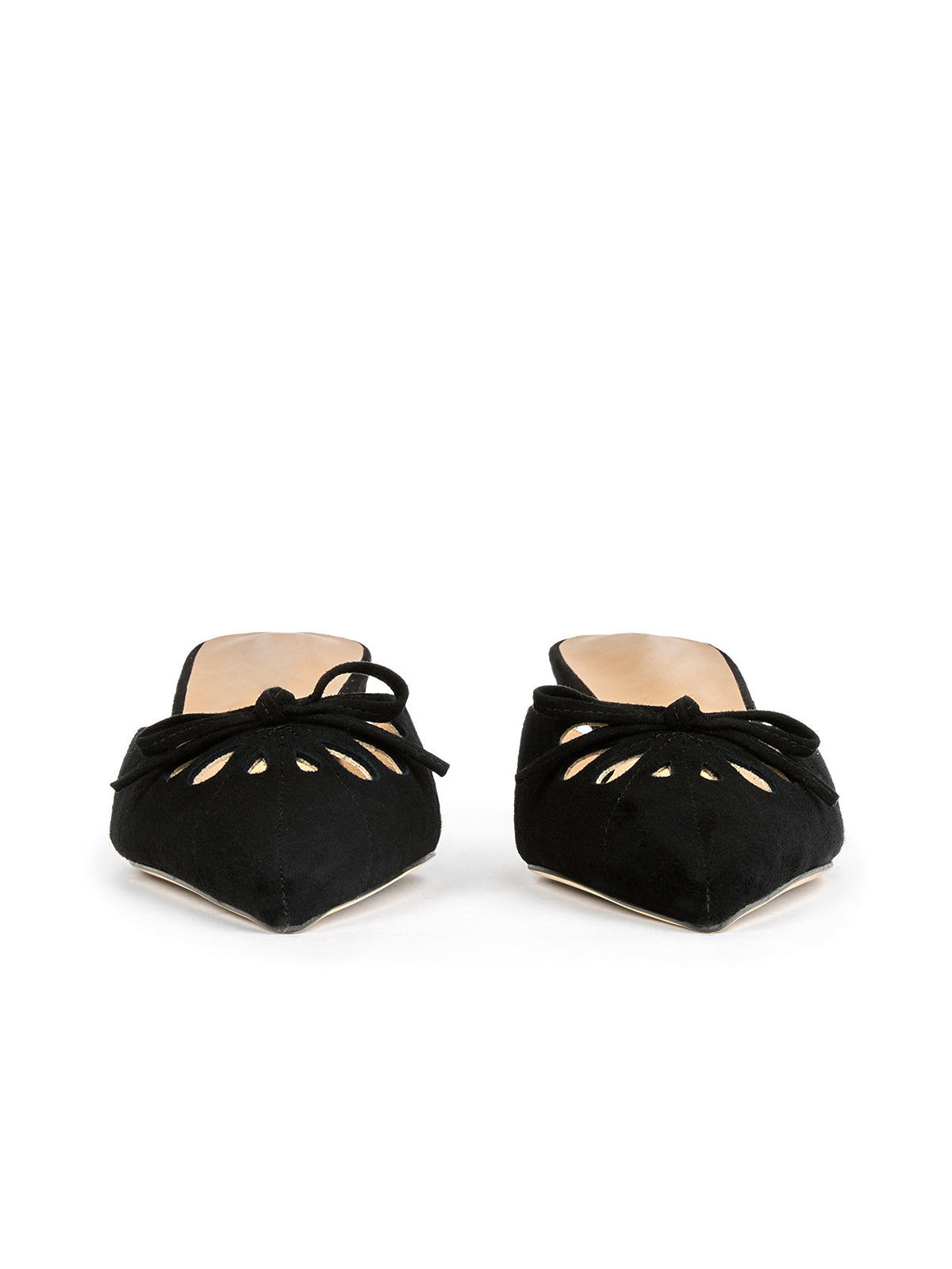 Black Faux Suede Pointed-Toe Front Cut-Out And Bow Backless Kitten Heels