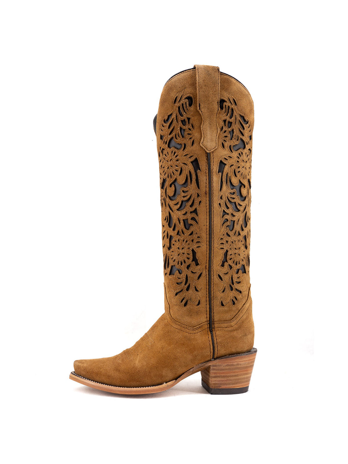 Tan Faux Suede Snip-Toe Chic Inlay Wide Calf Knee High Sleek Cowgirl Boots