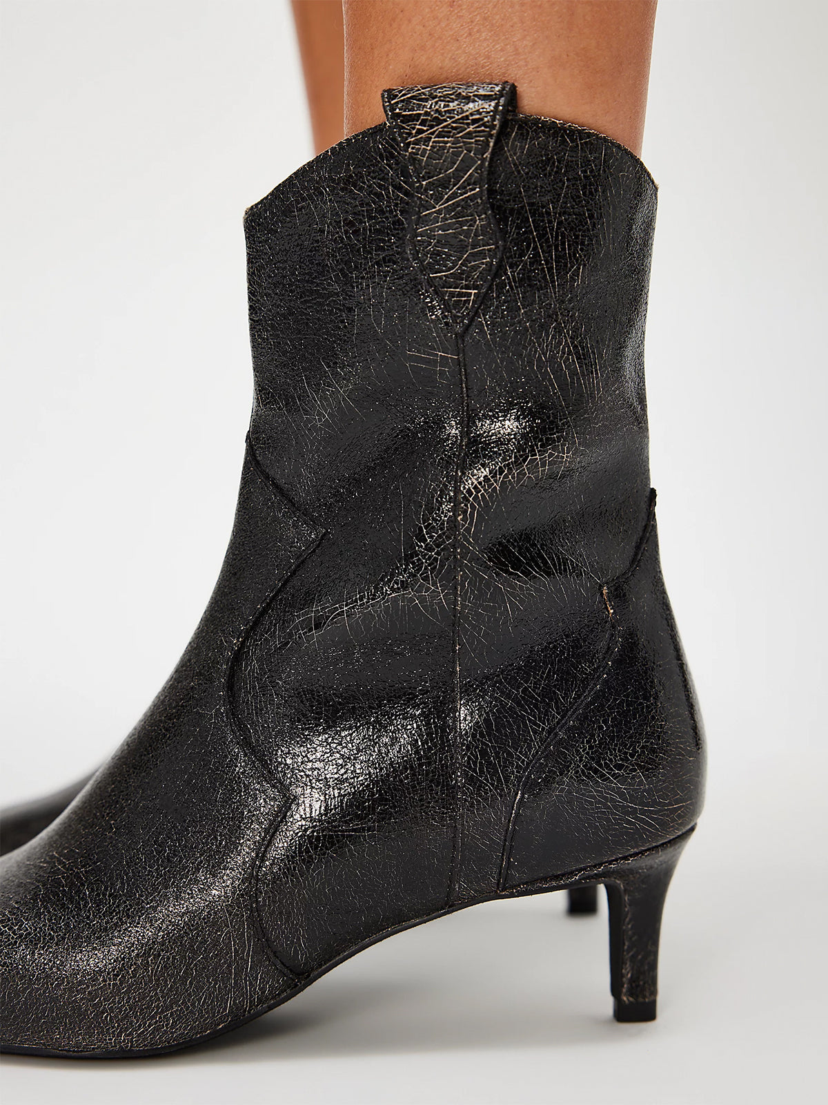 Distressed Black Pointed-Toe Full-Zip Ankle Stiletto Boots