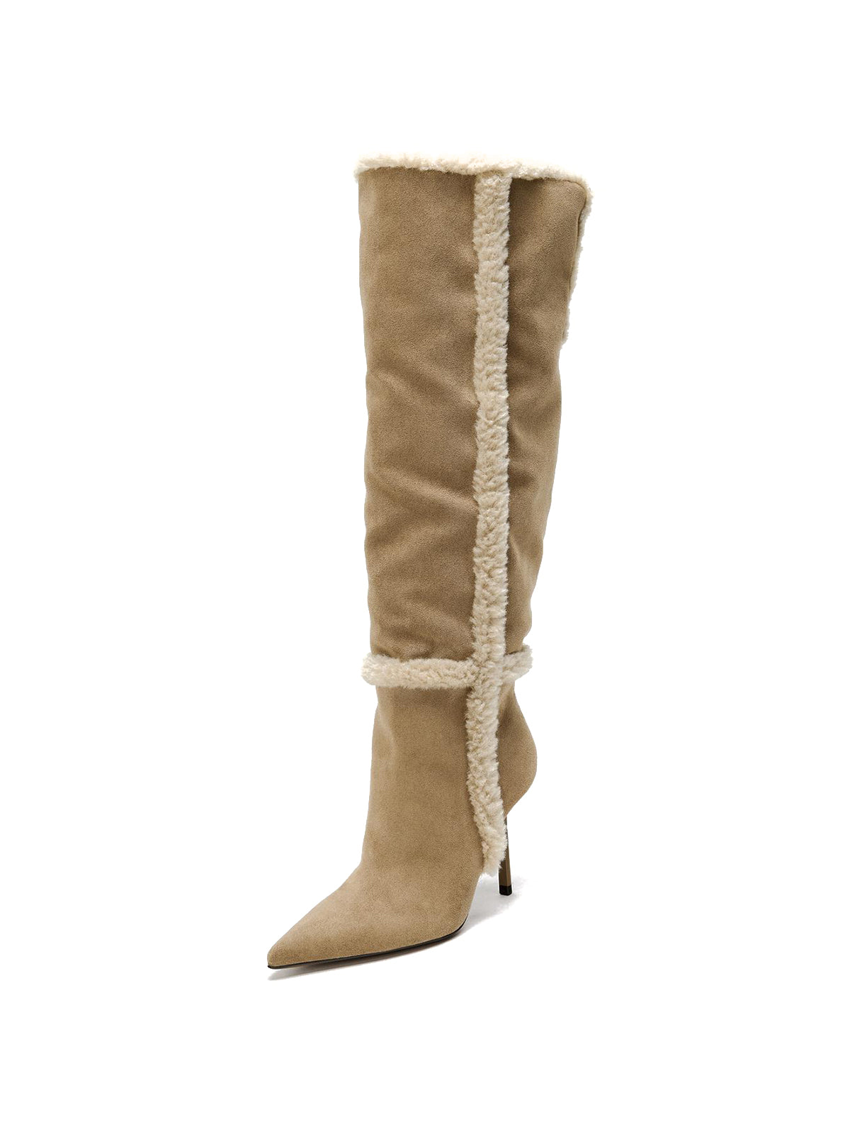 Light Beige Faux Suede Pointed-Toe Plush Wide Calf Knee High Stiletto Boots