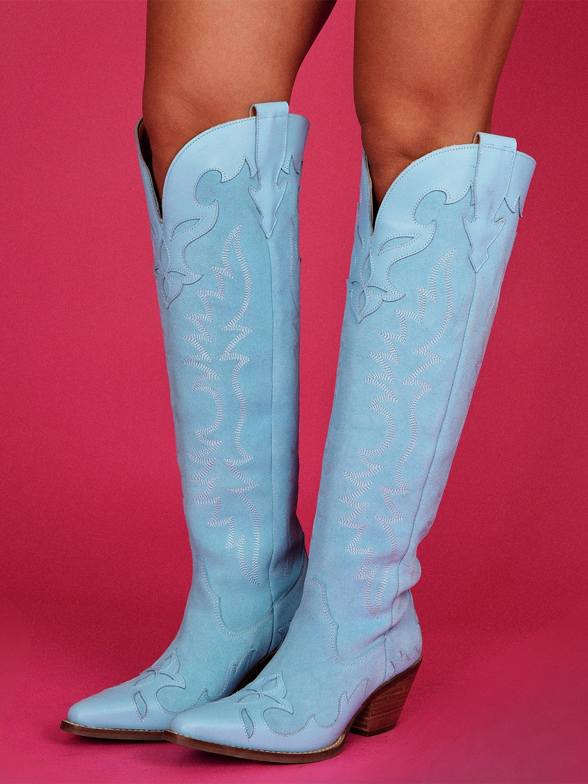Blue Faux Suede Snip-Toe Embroidery Vegan Leather Applique Wide Calf Knee High Cowgirl Boots