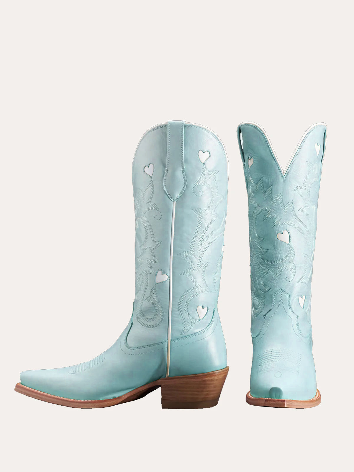 Light Blue Snip-Toe Embroidery White Heart Inlay Mid Calf Cowgirl Boots