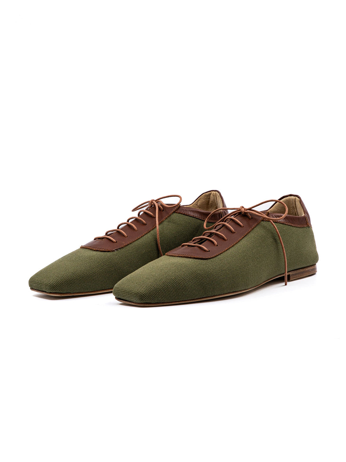 Green Canvas And Cognac Vegan Leather Square-Toe Lace-Up Flats