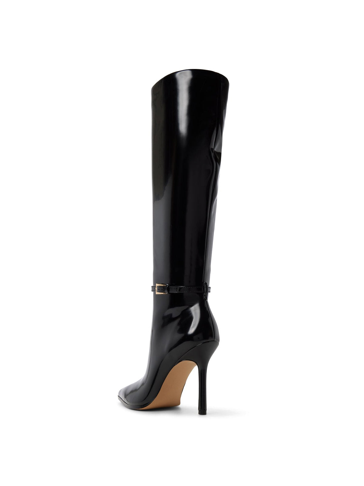 Patent Black Pointed-Toe Buckle Strap Full-Zip Knee High Stiletto Boots