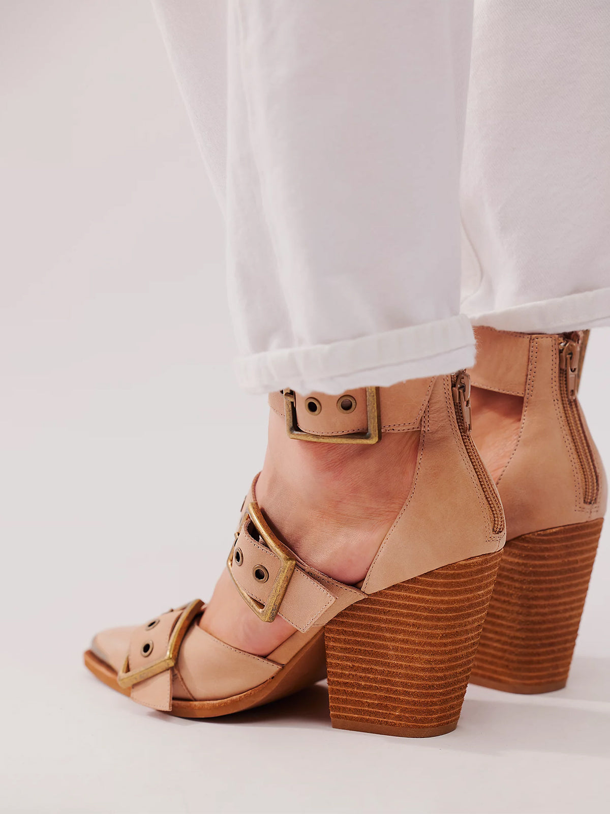 Pointed-Toe Three Buckled Straps Back Zip Chunky High Heels - Natural