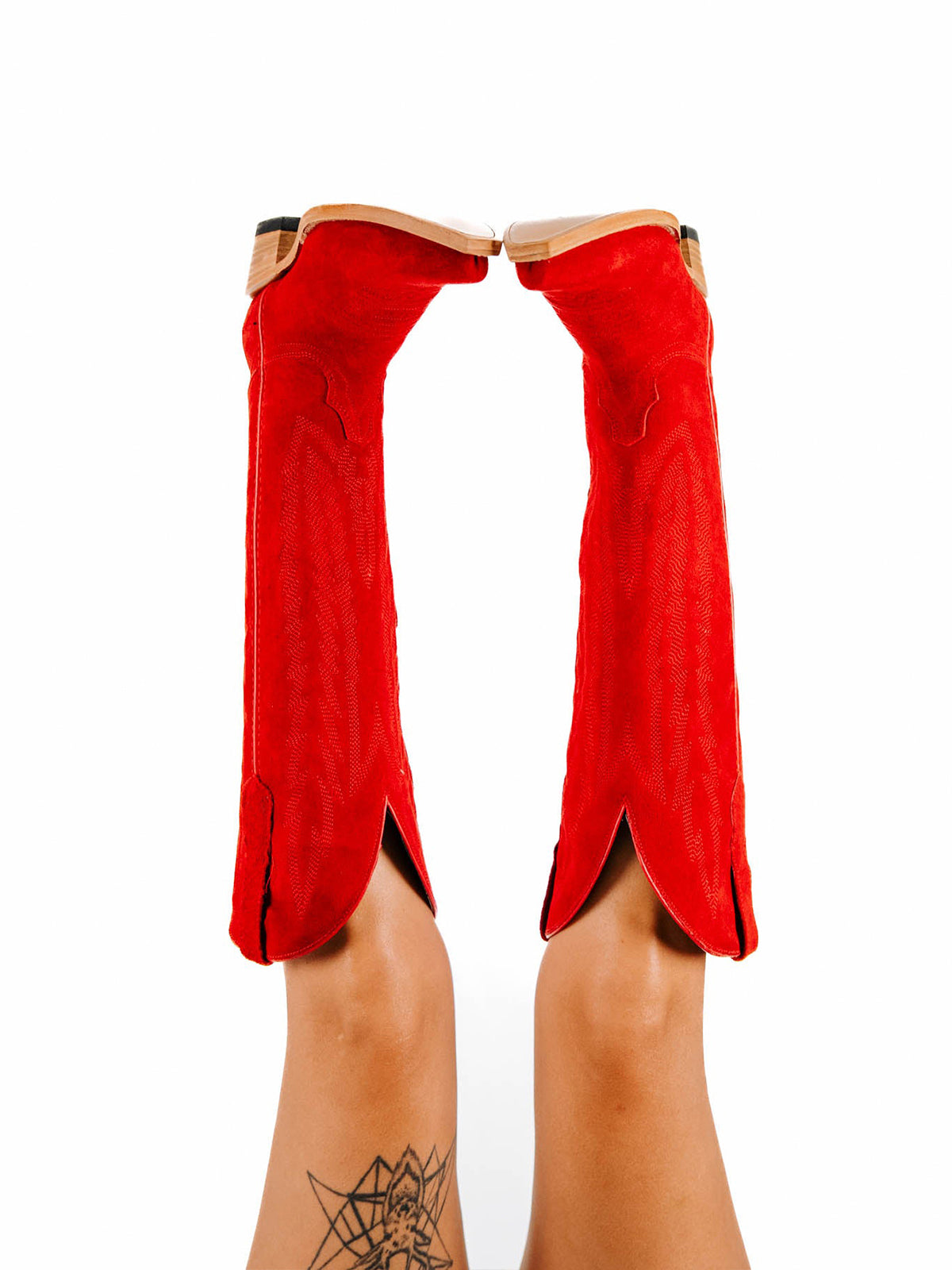 Red Faux Suede Snip-Toe Embroidery Half-Zip Classic Knee High Cowgirl Boots