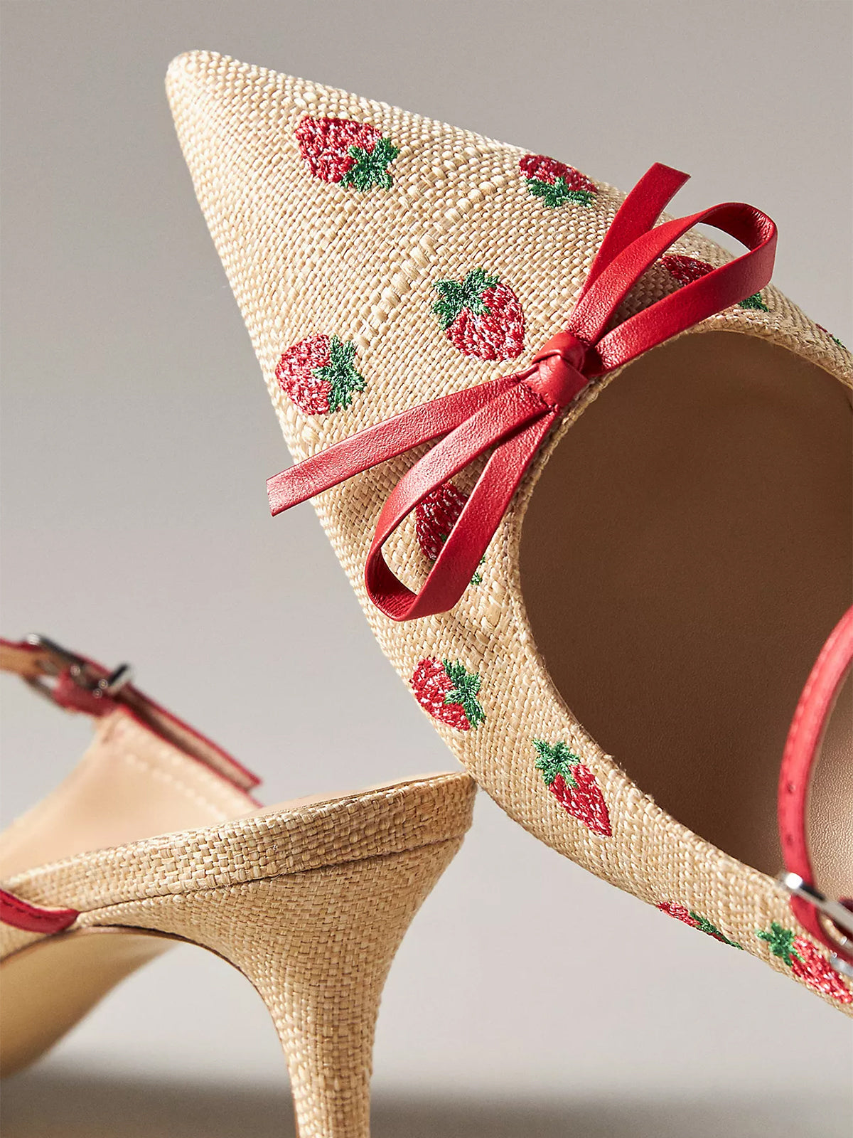 Pink Canvas Pointed-Toe Strawberry Embroidery Bridge Strap Kitten Heels With Bow