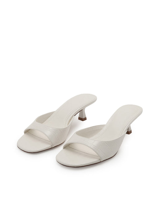 White Crocodile Print Square-Toe Classic Kitten Heels