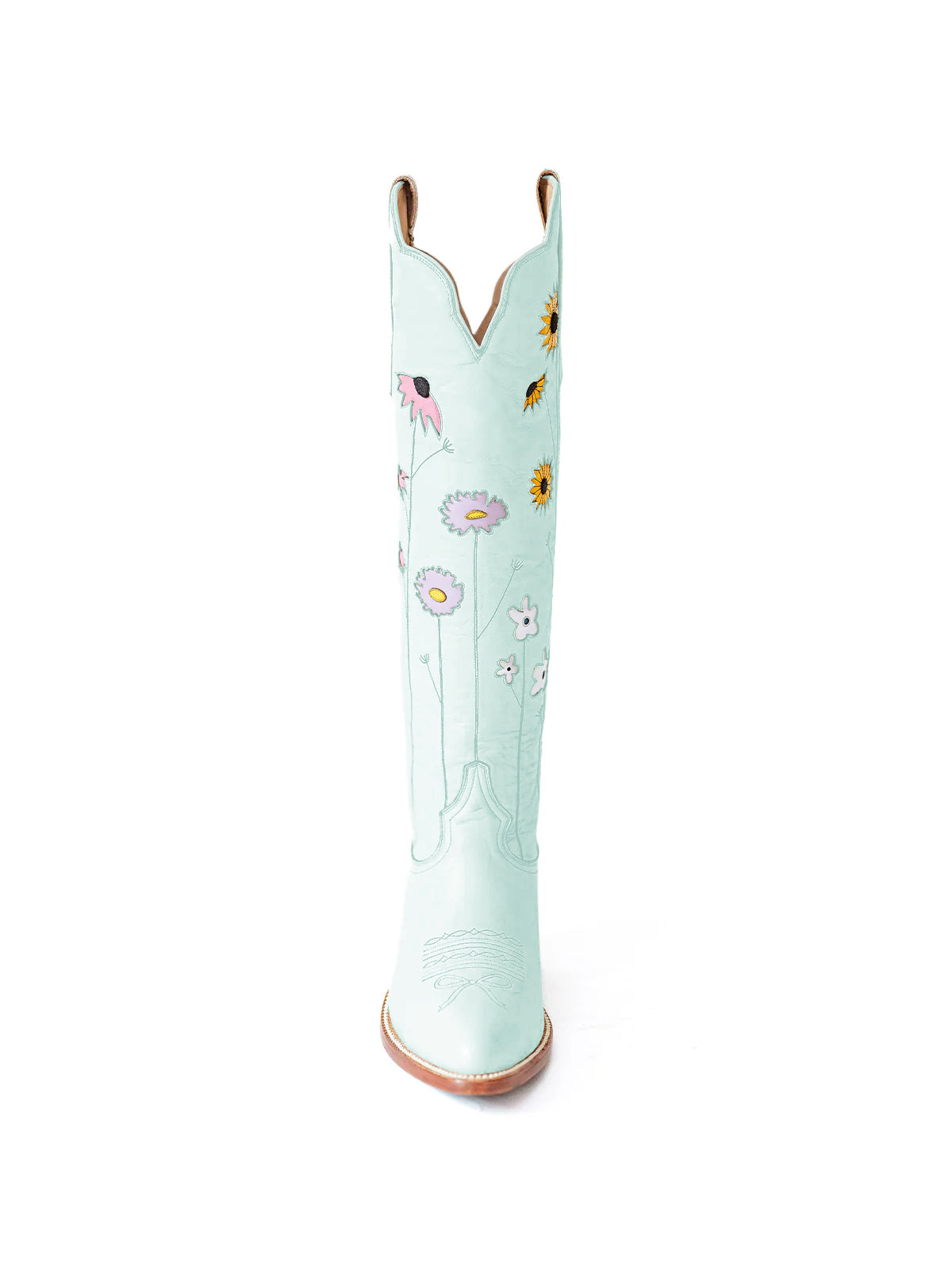 Sky Blue Almond-Toe Colorful Flowers Inlay Wide Calf Knee High Cowgirl Boots