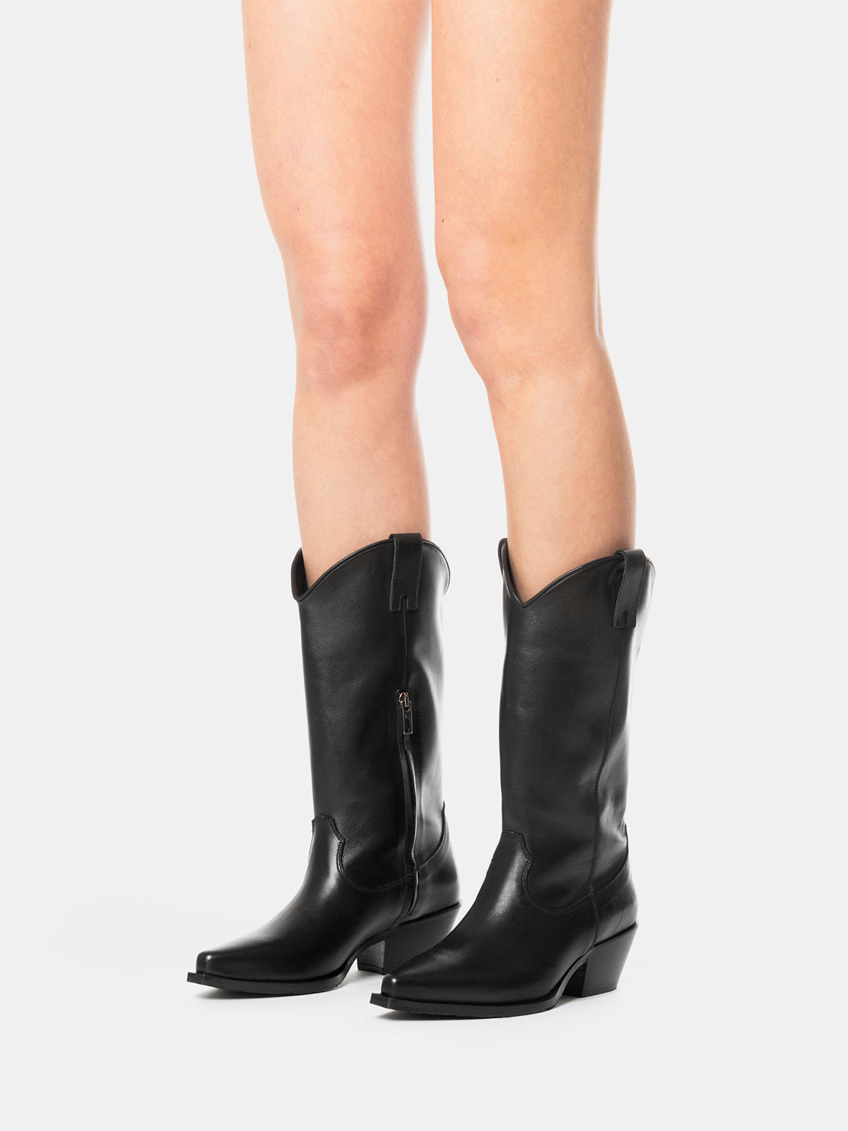 Black Classic Snip-Toe Simple Half-Zip Mid Calf Cowgirl Boots
