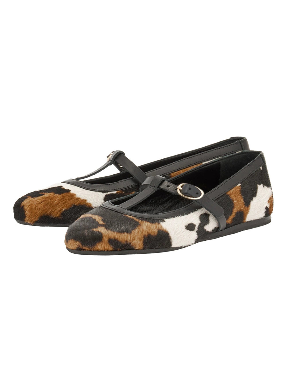 Classic Cow Print Round-Toe T-Strap Chic Ballet Flats