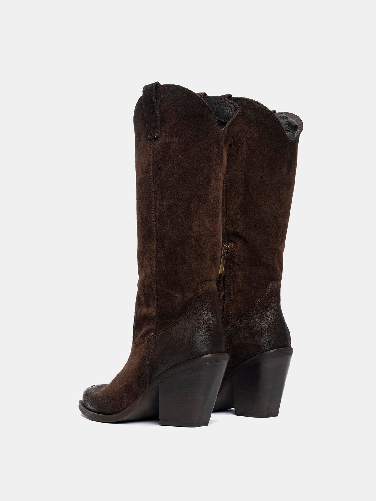 Dark Brown Faux Suede Snip-Toe Simple Half-Zip Mid Calf Classic Cowgirl Boots