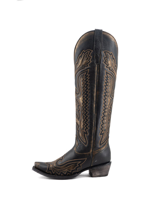 Black Snip-Toe Chic Embroidery Gold Detail Half-Zip Knee High Cowgirl Boots