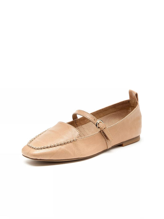 Taupe Square-Toe Slip-On Mary Jane Flats Loafers