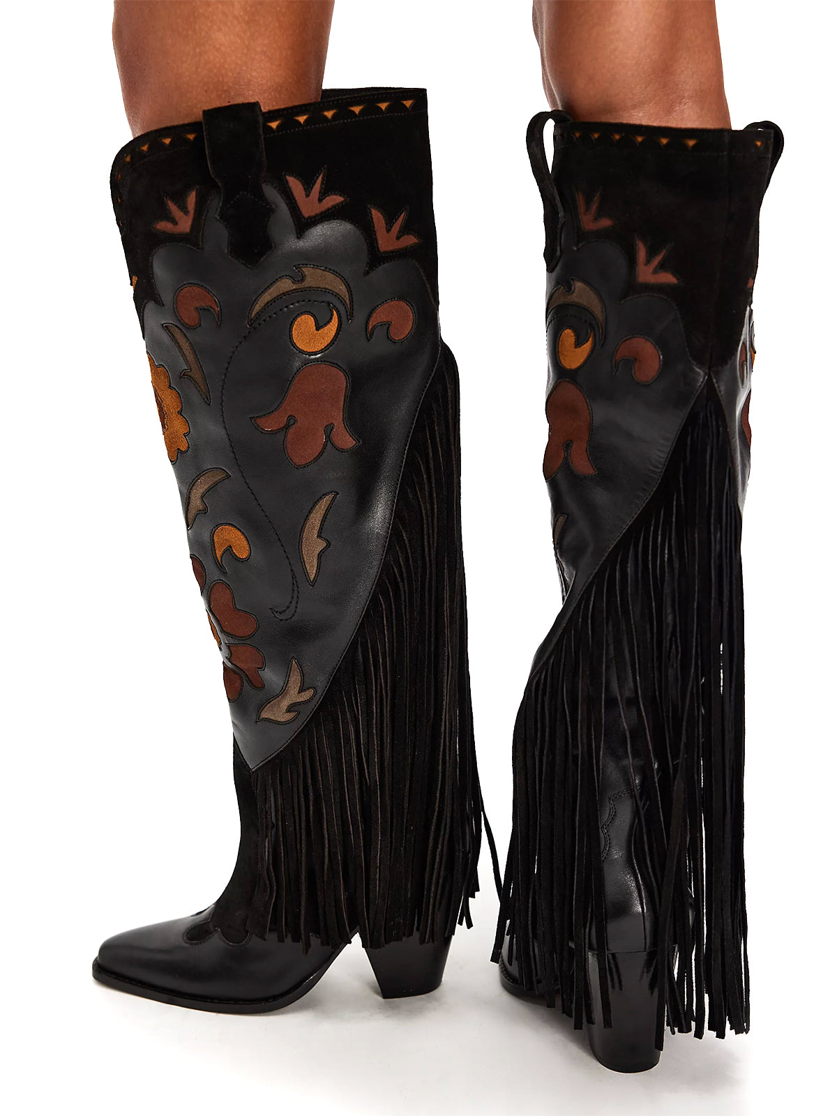 Black Pointed-Toe Faux Suede Flowers Inlay Fringe Knee High Cowgirl Boots