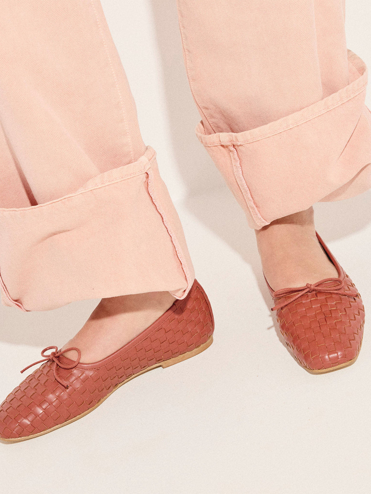 Brick Red Woven Vegan Leather Square-Toe Front Bow Slip-On Ballet Flats