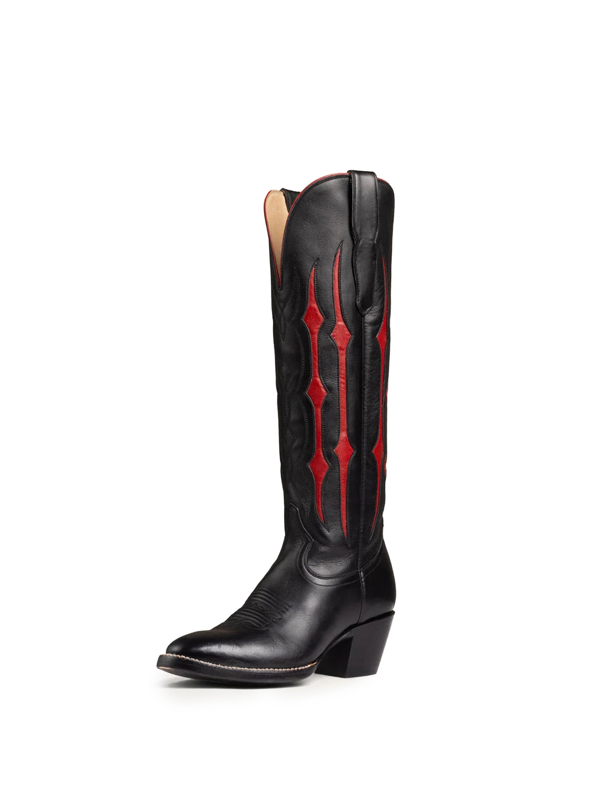 Black Contrast Red Inlay Stitch Almond-Toe Wide Knee High Western Cowgirl Boots