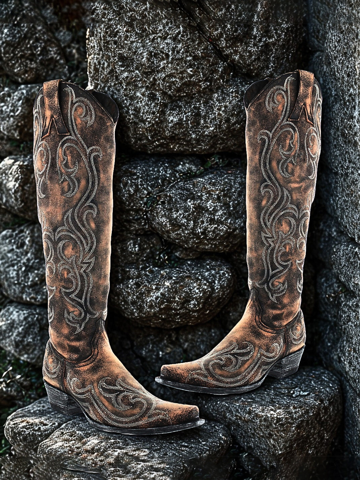 Distressed Brown Snip-Toe Delicate Embroidery Half-Zip Knee High Cowgirl Boots