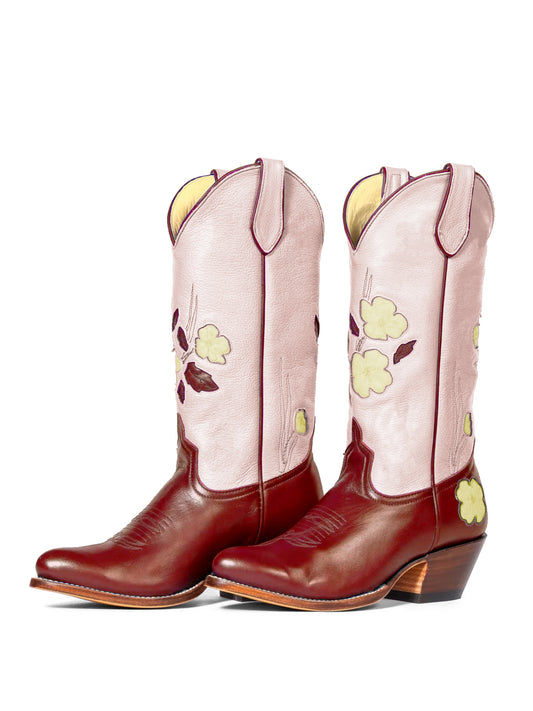 Contrast Pink And Brown Almond-Toe Fresh Flower Inlay Mid Calf Cowgirl Boots