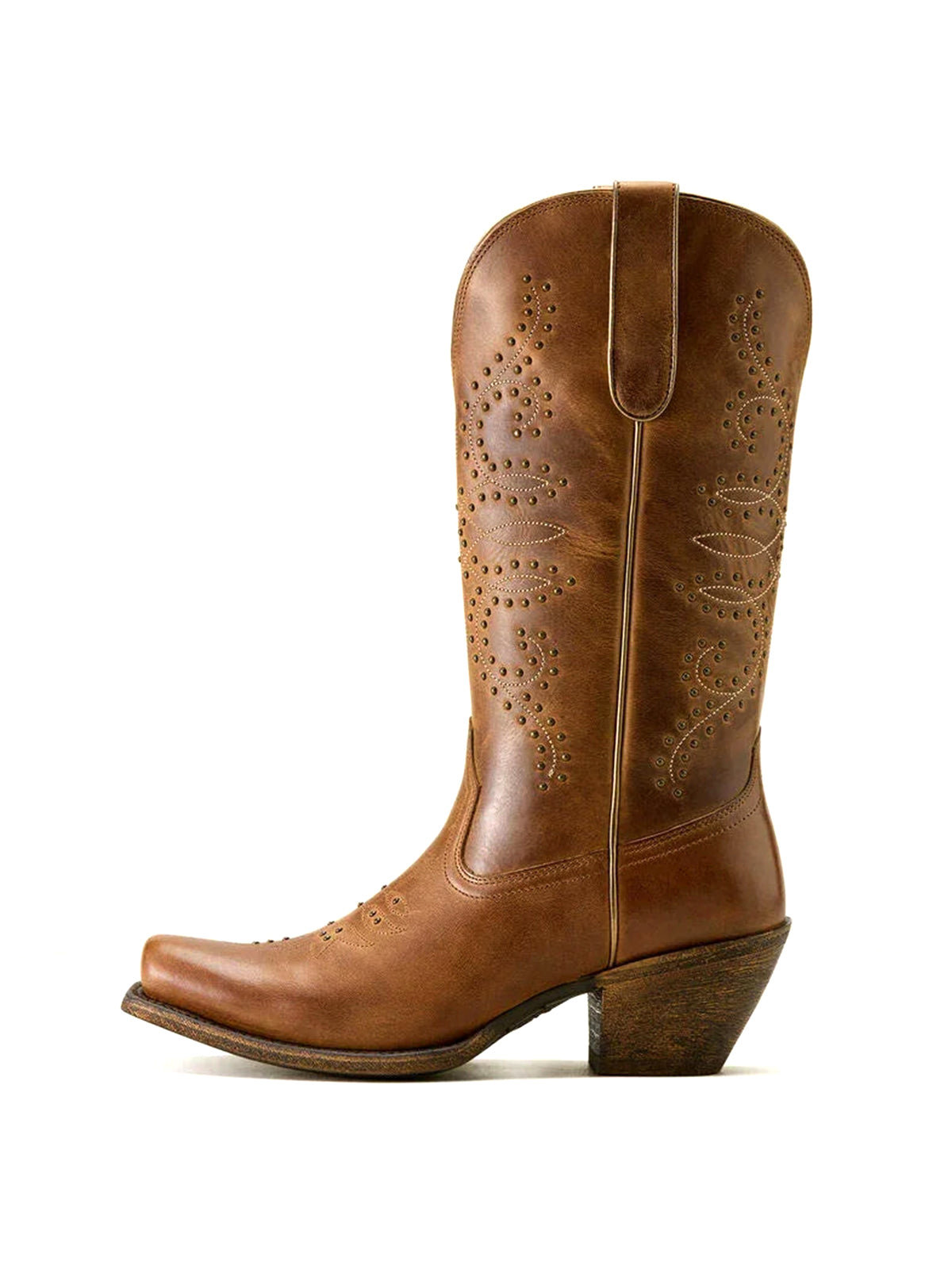 Tan Square-Toe Stitch And Studs Chic Mid Calf Cowgirl Boots